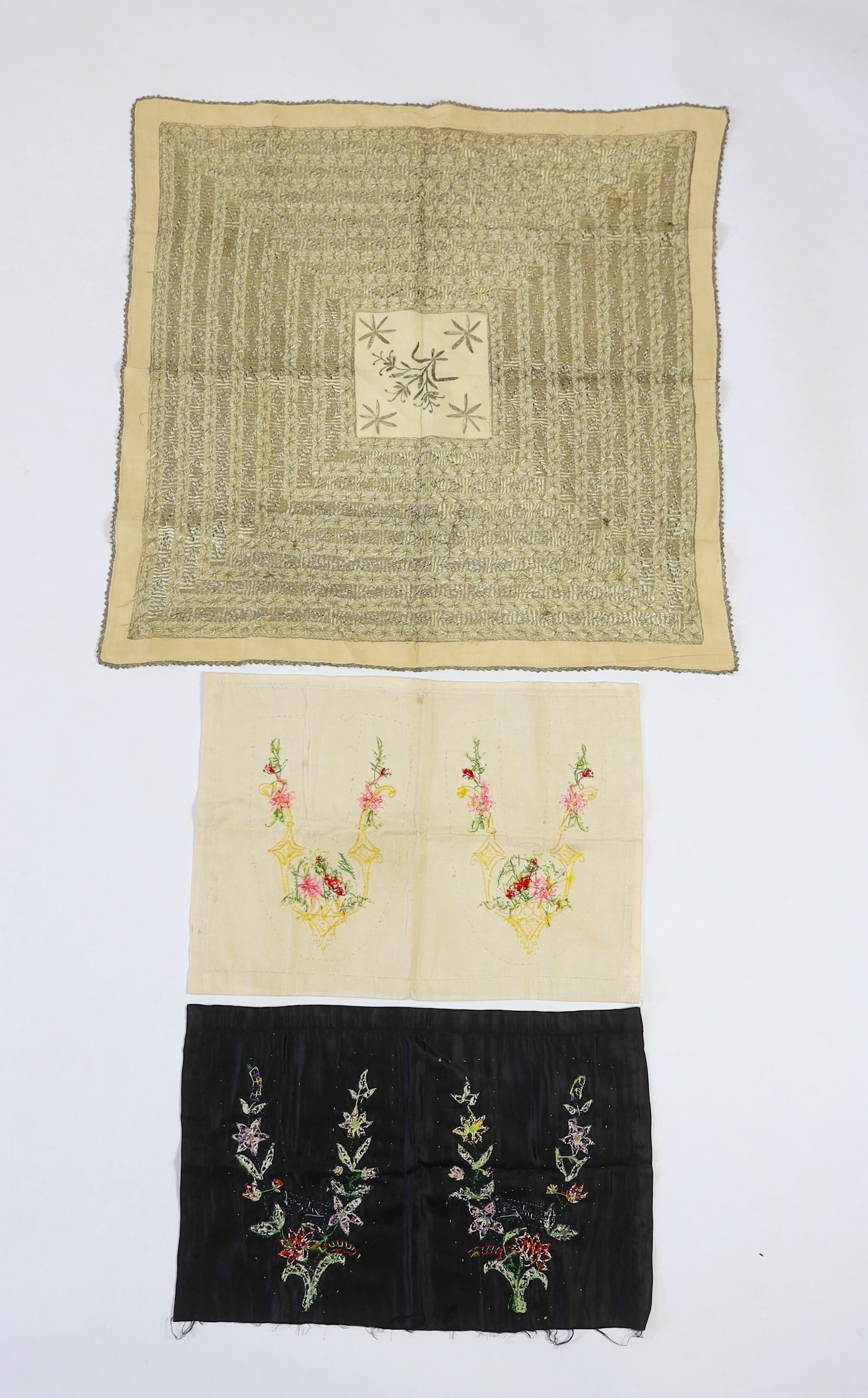 Two pairs of late 19th century black velvet silk embroidered slipper fronts (uncut), together with a cotton gold thread embroidered cloth, cloth 82cm square